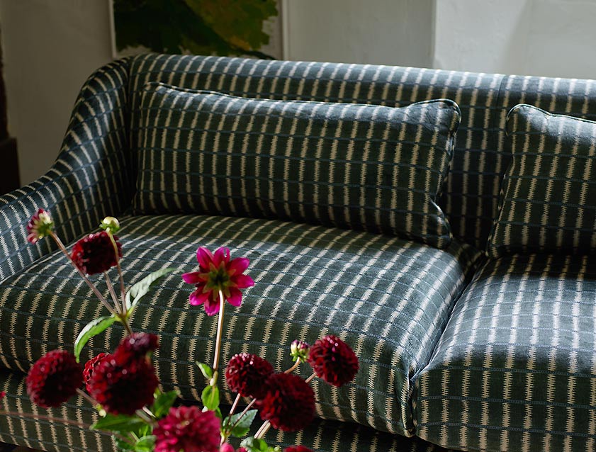 Cromer 3 Seater Sofa in V&A Threads of India Opulent Velvets Ikat Mirage Hunter fabric detail